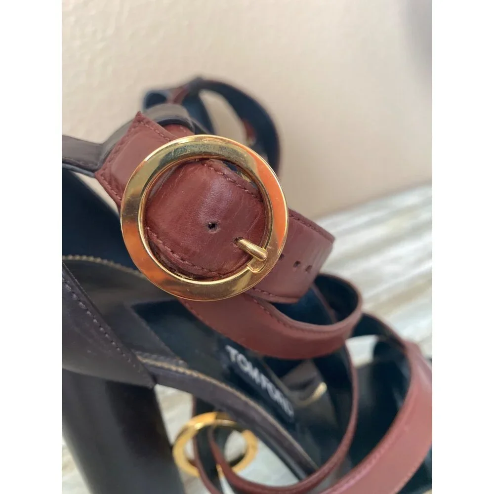 Tom Ford Brown Leather Strappy Block Heel Sandals Sz 39 Made in Italy - Picture 4 of 15